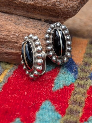 Vintage Onyx Sterling Earrings, Black & Silver Southwestern Earrings - Picture 2 of 10