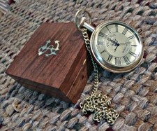 Nautical Brass Polish Finish Pocket Watch With Wooden Box