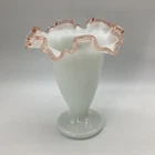 Vintage Fenton Hobnail White Milk Glass Vase Pink Tint Ruffled Rim Art Glass