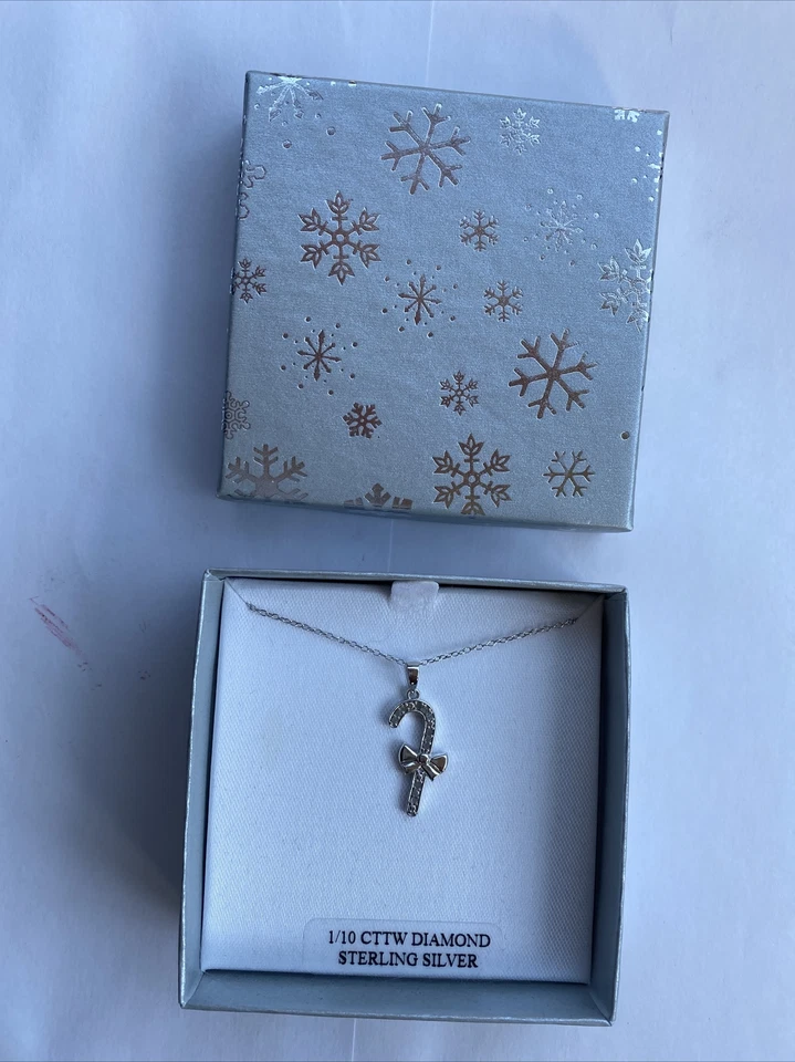 Macy's 1/10 cttw Diamond Candy Cane 18″ Pendant Necklace 925 Sterling Silver  - Image 3 of 4