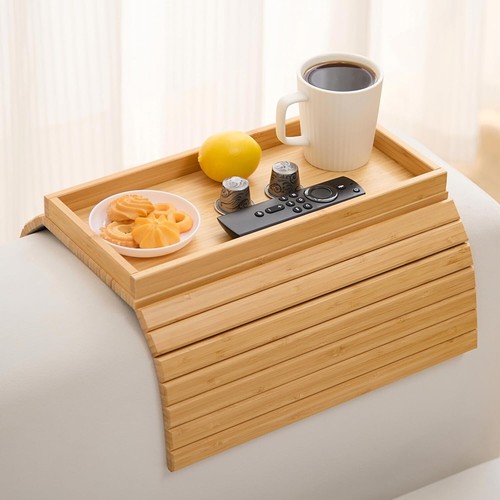 Foldable Bamboo Couch Arm Table - Convenient Snack & Drink Holder for Sofa - Picture 3 of 10