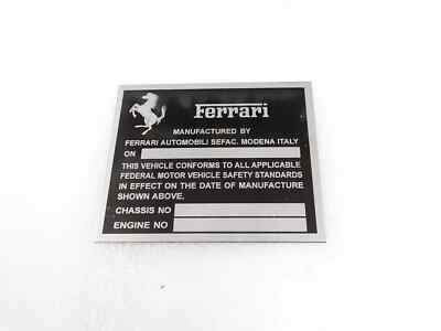 DATA PLATE FOR FERRARI CHASIS FEDERAL SAFTETY STANDARDS #317-8