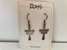Vintage Boma Brand Sterling Silver Cross Dangle Earrings with Scroll Design