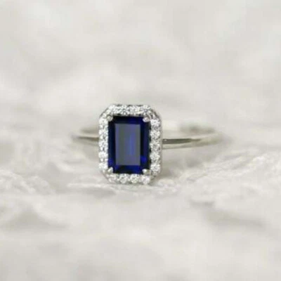 2,10 Kt Smaragd Blau Halo Diamant Verlobungsring Hochzeit Ring Weißgold-Finish - Bild 1 von 4