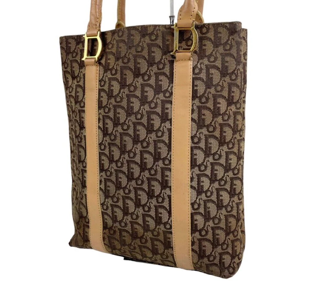 Sac à main trotteur Christian Dior sac fourre tout toile marron cuir 202410R bon état