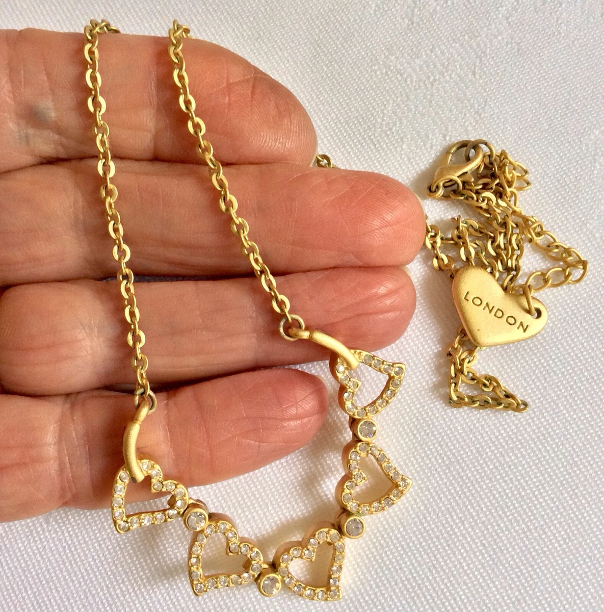 Vintage NOUR London Crystal Hearts Gold tone Necklace