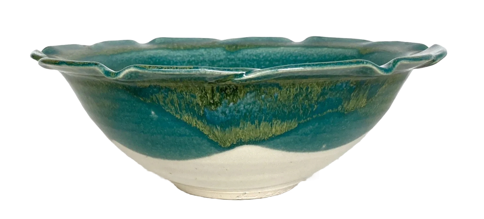 Art Pottery Pair Nesting Bowls by Janet Rodriguez in Green & White, 10+" and 8+"