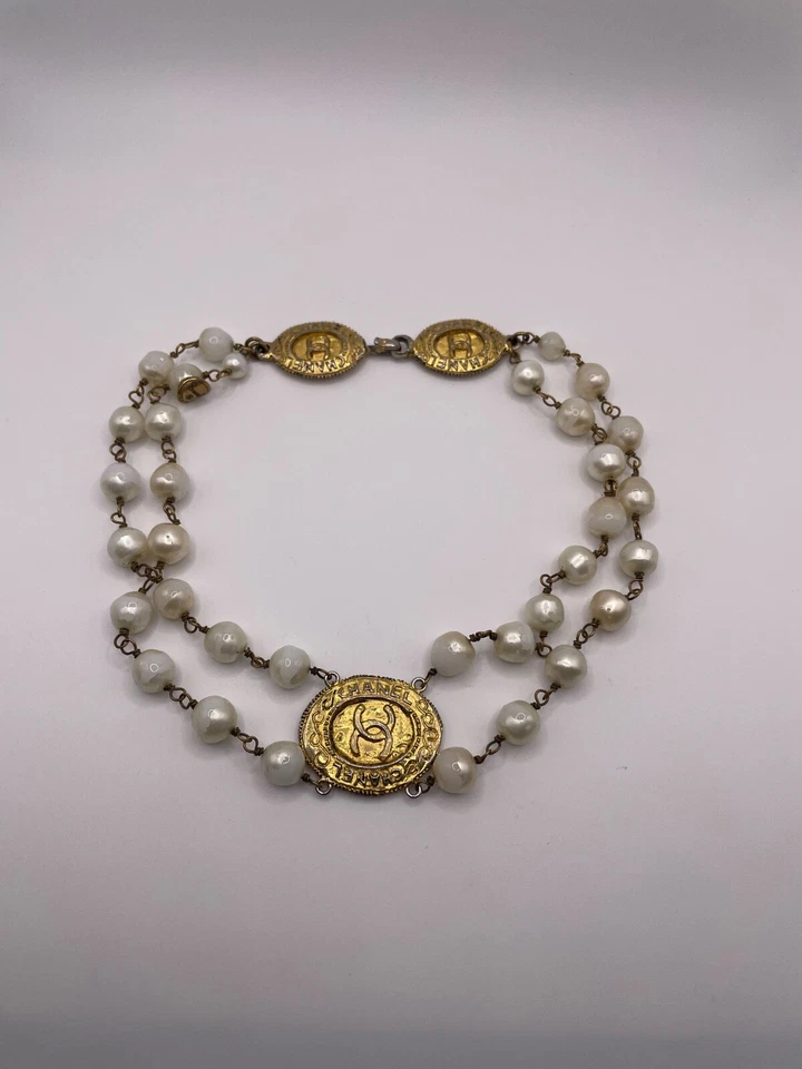 Vintage Chanel Pearl Double Strand Choker Costume Necklace, Gold Stamped