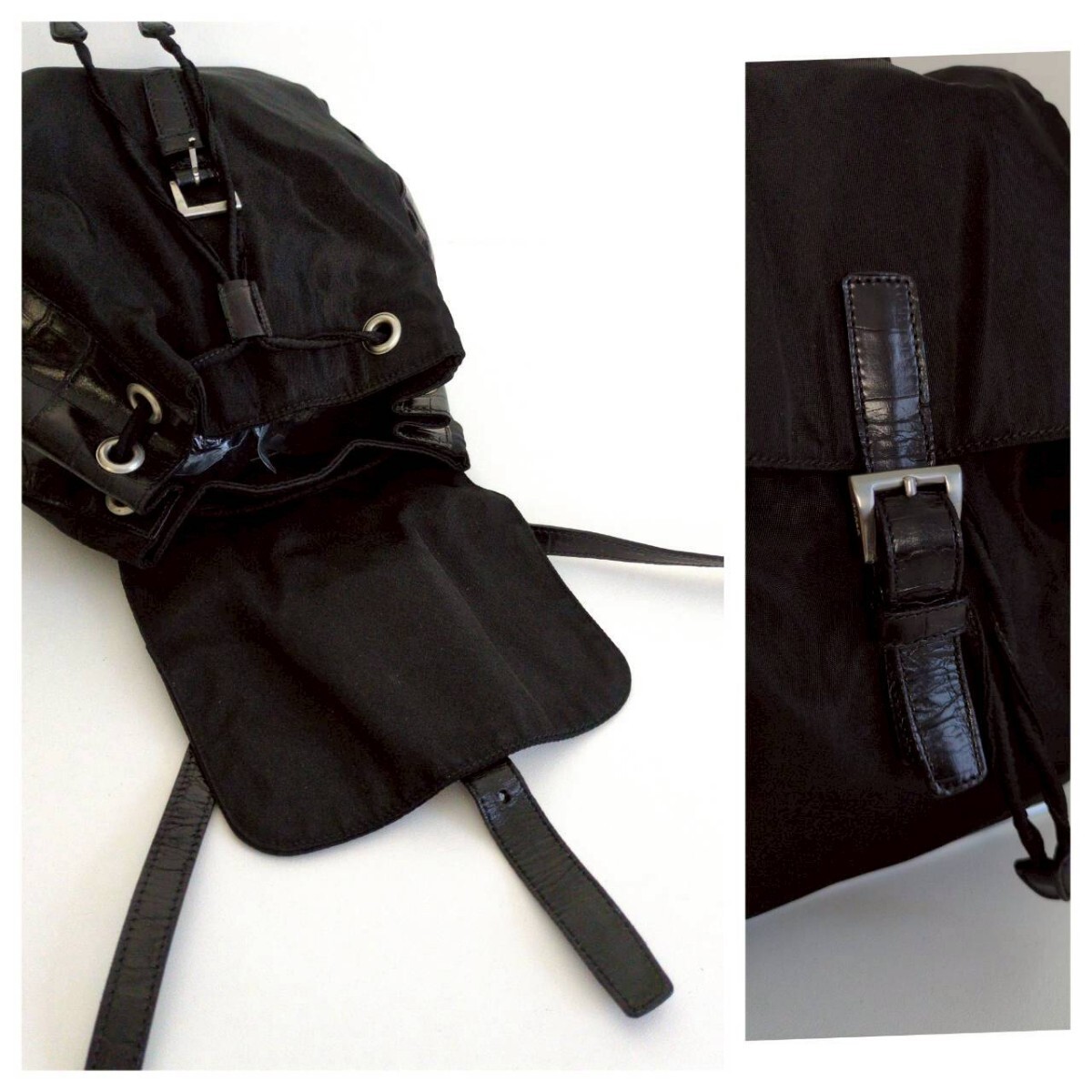 Condition PRADA Old Vintage 90s Croco Nylon Drawstring Backpack Bag Handbag Bla thumbnail 6
