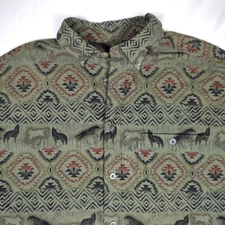 CABELA'S Deerskin Soft Chamois Wolves Aztec Southwest Green Btn SHIRT Men's L
