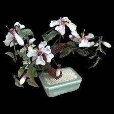 Vintage Jade Gemstone Bonsai Tree Pink White Flowers Glass Leaves 9" Pot