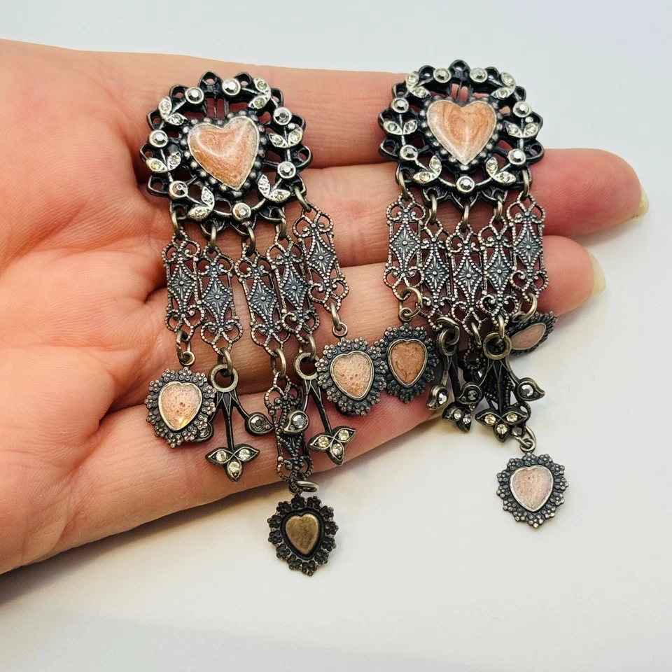 Banana Bob Heart Earrings VTG Pierced pink crystal Sweetheart Enamel Dangle 90s - Image 3 of 4
