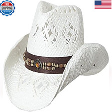 Tovoso Straw Cowboy Hat For Women Beaded Trim And Shapeable Brim T20 White