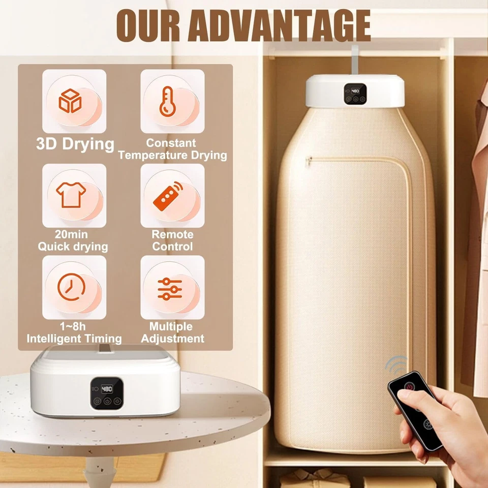 Mini Portable Foldable Electric Clothes Dryer with Timer & Travel Bag - Image 4 of 4