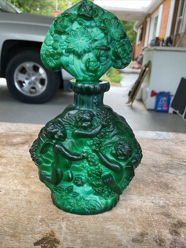 Malachit Glas Jade Grün Tschechisch Böhmisch Eitelkeit Parfüm Flakon Cherubs DEINA