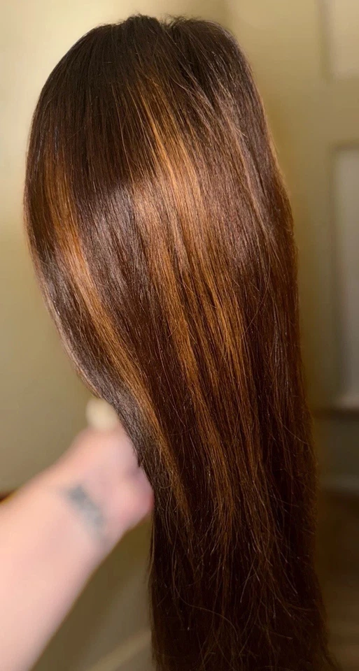 Модель вибрации, 28 дюймов, 100% человеческих волос, темно-коричневый с медовыми акцентами, прямой, парик - Изображение 4 из 4