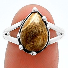 Natural Flower Fossil Coral 925 Sterling Silver Ring s.8.5 Jewelry R-1506