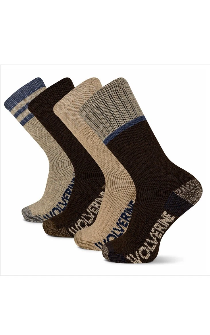 Wolverine Wilderness Thermal 4 Pack Boot Crew Socks Multi Men's Size 7-12 NEW!