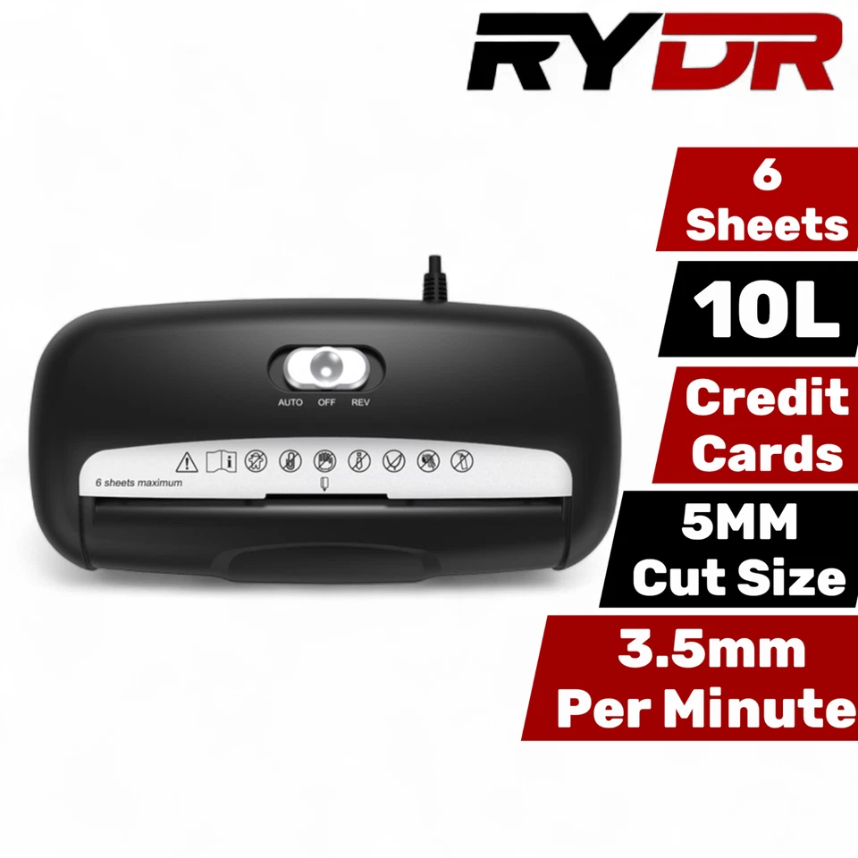 RYDR Paper Shredder 5 Sheet 10 Litre Strip Cut A4 Auto on Reverse Home Office - Image 2 of 4