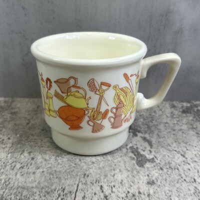 Vintage Coffee Tea Mug Cup Cream Colored w/ Kitchen Gadget Utensils Made In USA