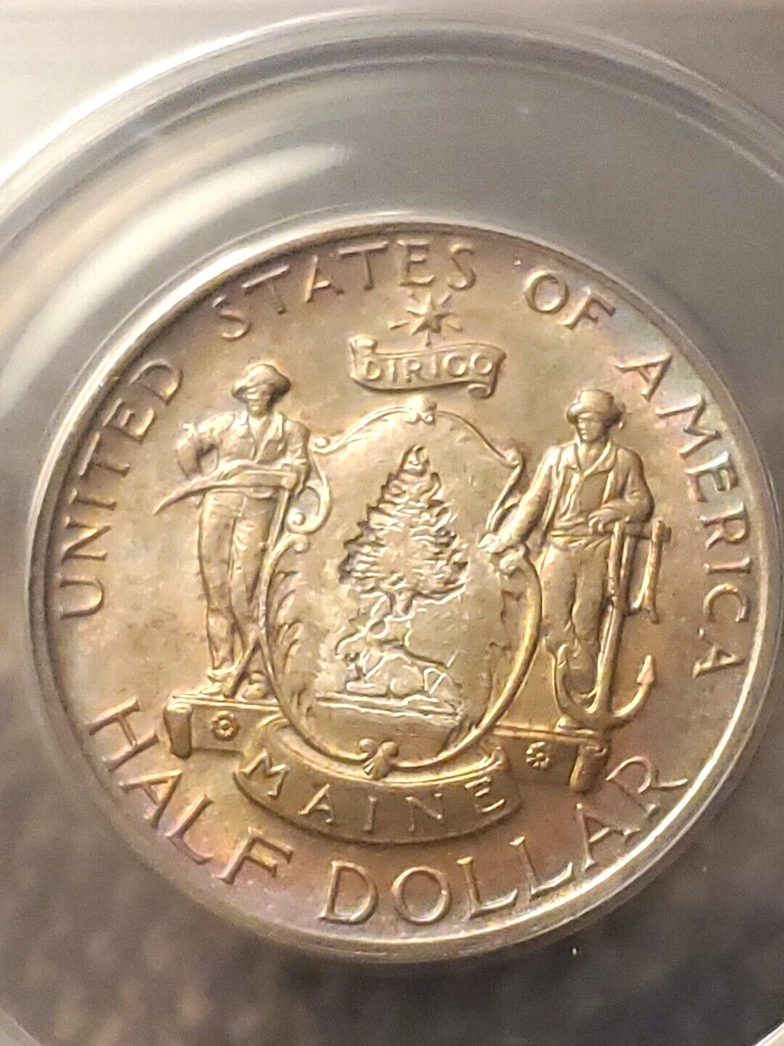 1920 MAINE COMMEMORATIVE HALF DOLLAR NICE MULTI COLOR WOW TONING ANACS MS63 - Image 4 of 4