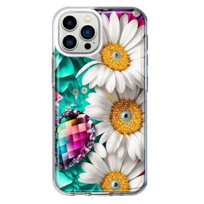 For Apple iPhone 13 Pro Max Shockproof Hybrid Case, Rainbow Gems Teal Daisies