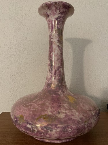 Vintage California Pottery MCM Vase weiß, rosa/lila, mit Goldakzenten 9 Zoll - Bild 11 von 12