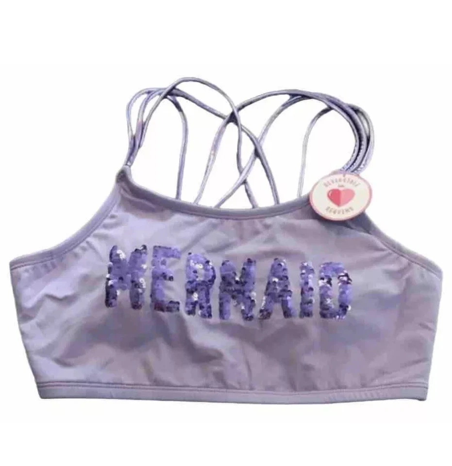 Conjunto de 2 piezas de traje de baño Justice Girls púrpura lentejuelas reversibles sirena talla 12 Foto 3 de 4