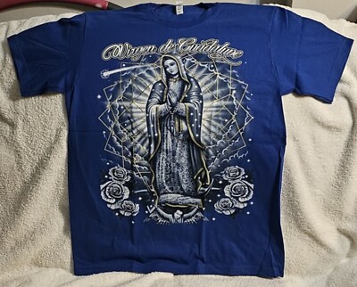 VIRGEN DE GUADALUPE VIRGIN MARY FLOWER ROSE PRAY BLUE T-SHIRT SHIRT