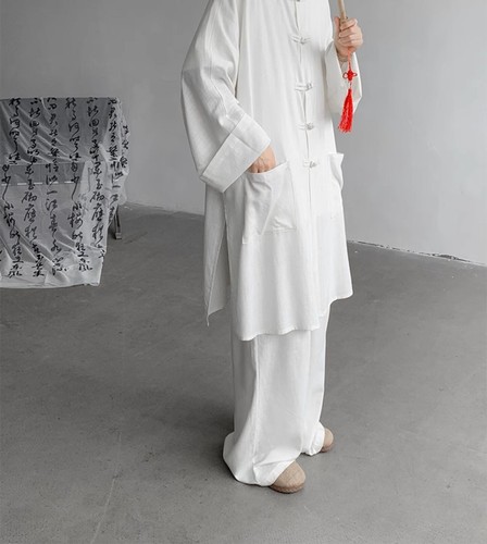 Hombres Abrigo Largo de Verano Hanfu Vestido Taoísta Bata Lino Ropa Traje Suelto Prendas para el torso + Pantalones - Imagen 7 de 18