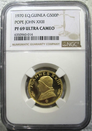 Equatorial Guinea 1970 Gold 500 Pesetas NGC PF-69 Ult.Cameo- Pope John XXIII