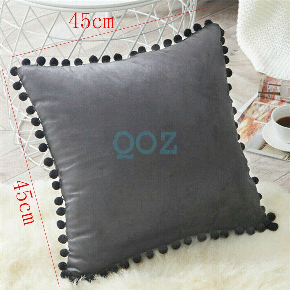 Soft Pom Pom Ball Fringe Velvet Cushion Cover Sofa Pillow Case 45cm x