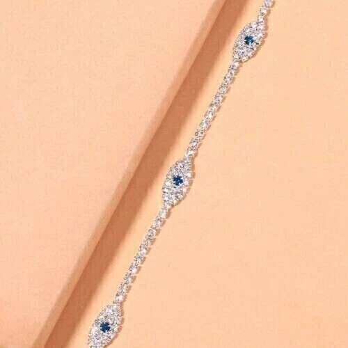 Anklet 8Ct Evil Eye Created Diamonds Women's Gift 14K White Gold Finish 9 Inch - Image 3 of 3
