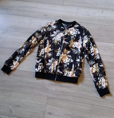 Dorothy Perkins Black Floral Bomber Jacket Zip Front Black Ribbing Casual UK12 - Picture 3 of 20
