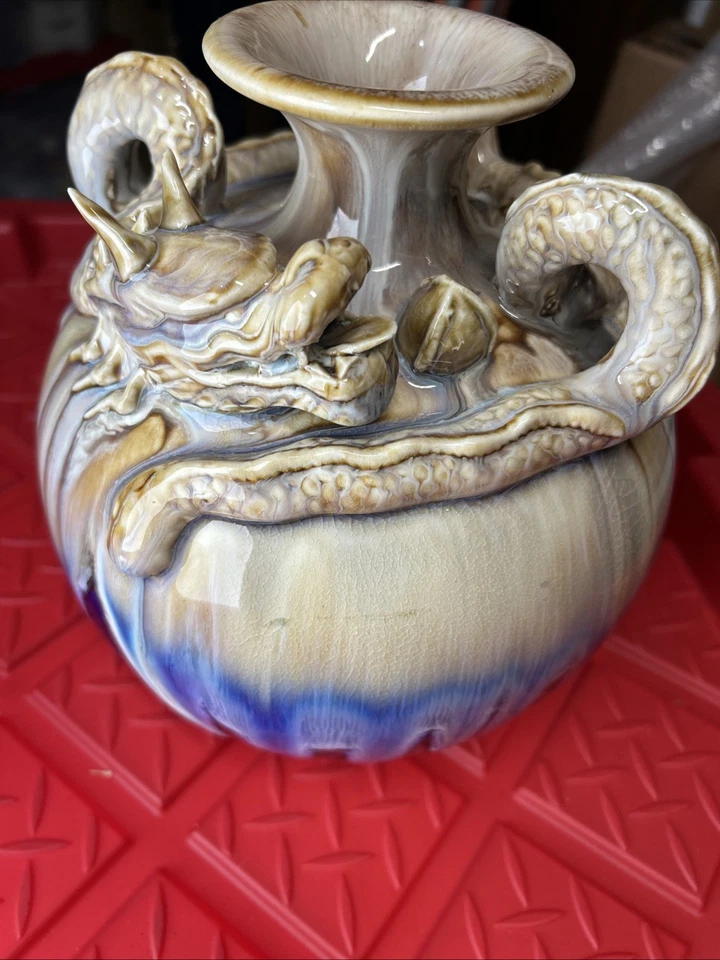 Hermoso jarrón grande vintage asiático marrón y azul esmalte de sal dragón Foto 2 de 4