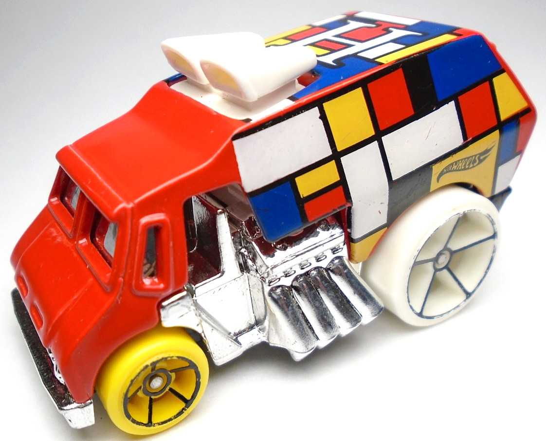 2016 HOT WHEELS COOL ONE ART CARS RED 2 1/2" DIECAST VAN W/ YELLOW BLUE & WHITE