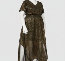 MSK Women's Gold Chiffon Metallic V-Neck Flutter-Sleeve Maxi Dress Plus Size: 3X
