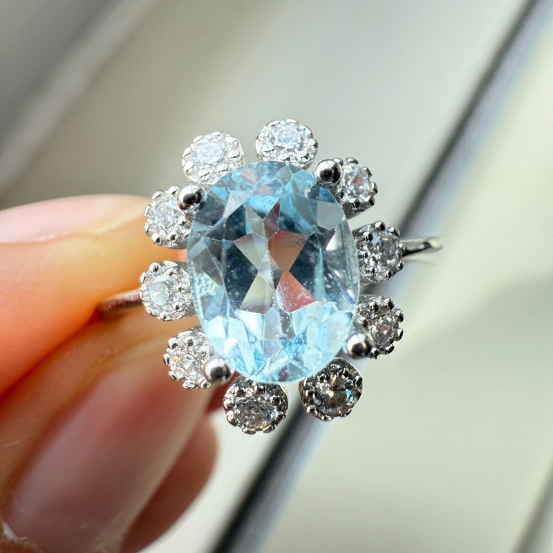 925 Sterling Silver Ring 8x6mm Natural Blue Topaz Zircon Handmade Flower Gift