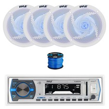 Pyle BT Marine MP3 Receiver, 4X 5.25" 180W LED White Speakers,Wire