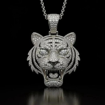 3Ct Round Cut Lab Created DiamondTiger Face Men's Pendant 14K White Gold Plated