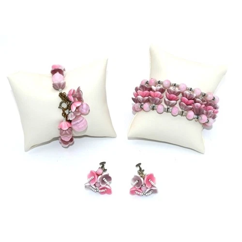 Signed Miriam Haskell Pink White Glass Flower Beaded Bracelets Earrings Set