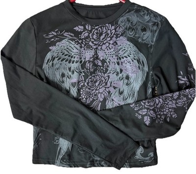 Romwe Affliction Casual Long Sleeve Small Feather Wing Stretchy Women Black
