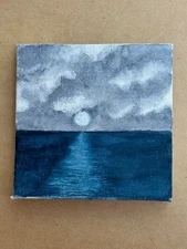 Watercolor canvas painting 3 x 3 inch ocean moonlight moon water nature art