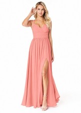 Azazie Coral A-Line Pleated Maxi Chiffon Bridesmaid Formal Evening Dress A6 NEW