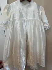 Vintage baby christenign baptism dress white satin embroidered lace trim 21"