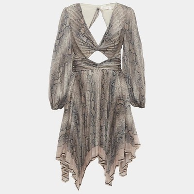 Zimmermann Brown Python Print Silk Blend Corsage Pleat CutOut Dress L