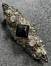 Vintage Black Onyx Gemstone Crystal Rhinestone Repousse Silver Tone Brooch Pin