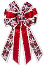 Large Red Velvet Snowflake Christmas Bow with Buffalo Plaid for Wreath Decor