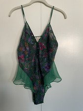 Vintage Victoria s Secret Gold Label Green Emerald Floral Satin Teddy