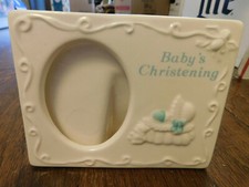 Vtg Russ Baby s Christening Ceramic Picture Frame White w Blue Raised Bassinet
